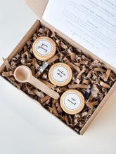 Load image into Gallery viewer, clay mask sampler | rose renewal, green getaway + cerulean skies facial masks