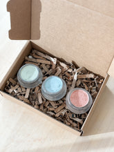 Load image into Gallery viewer, clay mask sampler | rose renewal, green getaway + cerulean skies facial masks