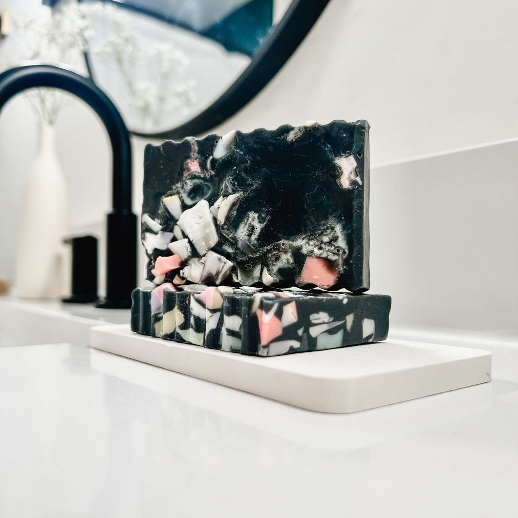 terrazzo soap | charcoal confetti scrap soap | orange & ylang ylang
