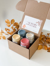 Load image into Gallery viewer, autumn sugar scrub sampler box | pumpkin spice, toasted marshmallow, window weather + honeycrisp harvest
