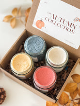 Load image into Gallery viewer, autumn sugar scrub sampler box | pumpkin spice, toasted marshmallow, window weather + honeycrisp harvest
